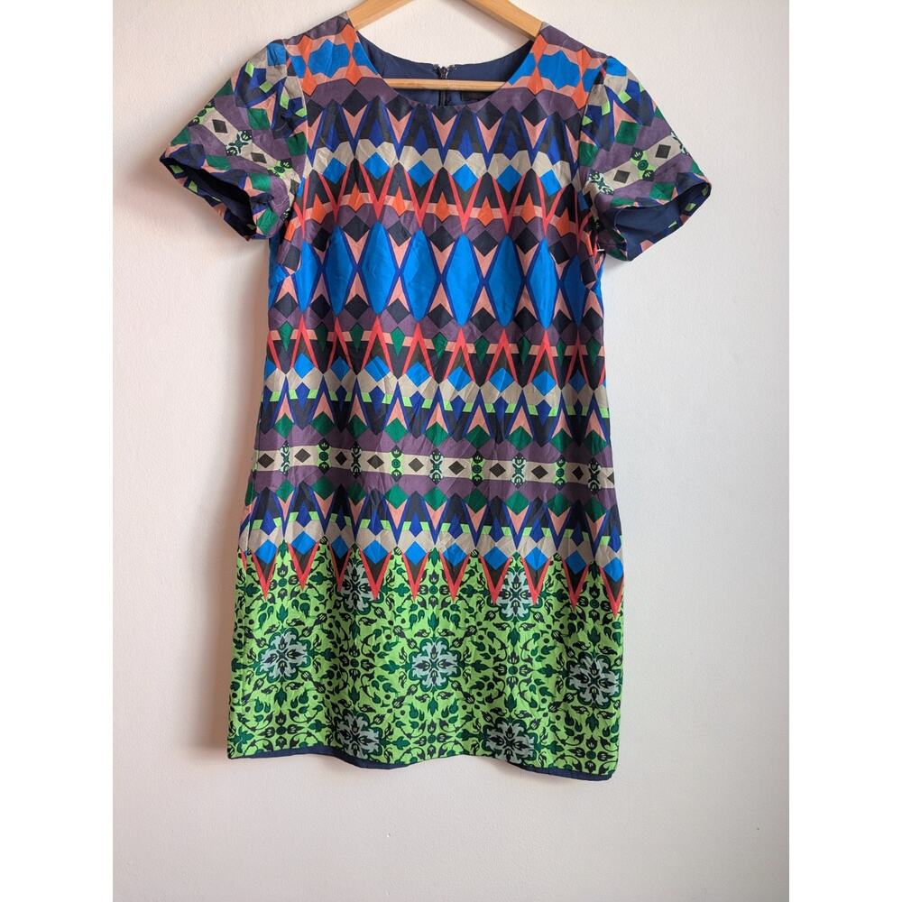 J.Crew A Line Shift Dress Geometric Print Multicolor Silk Short Sleeve Size 2